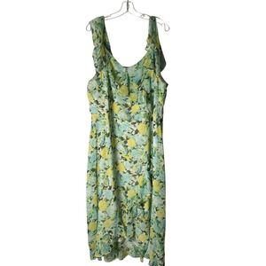Adorne Woman Floral Dress Sleeveless Ruffle Midi Lined Blue Yellow Plus Size 22W